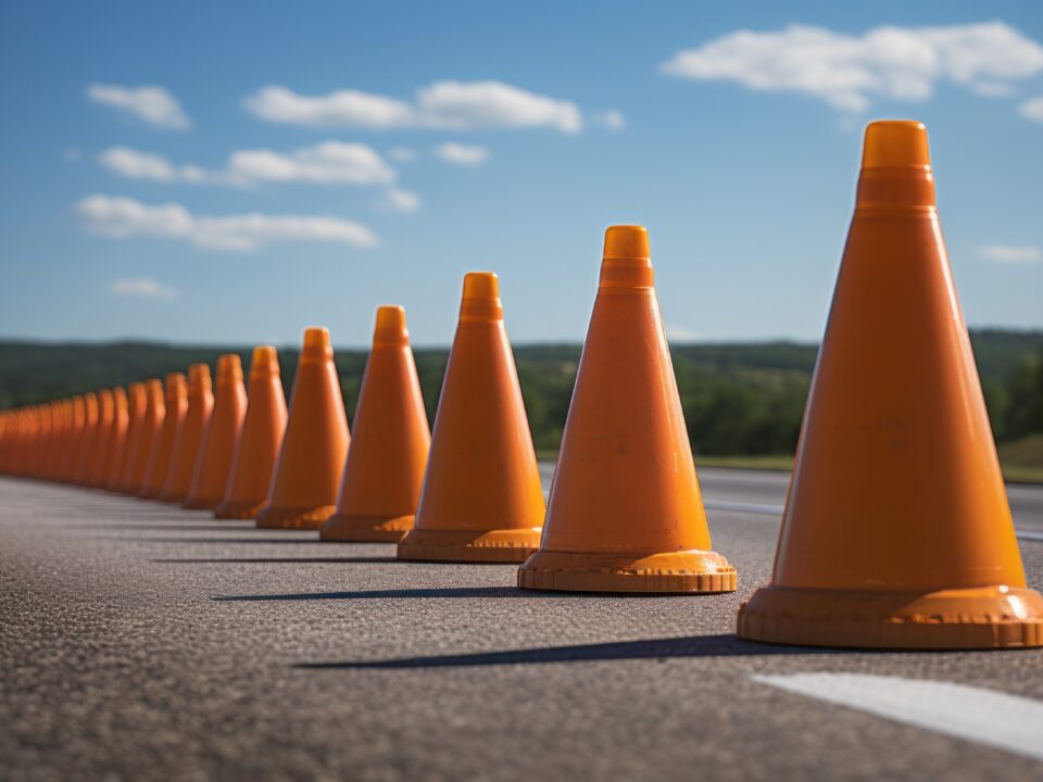 Traffic cones line up along sunlit asphalt road.
